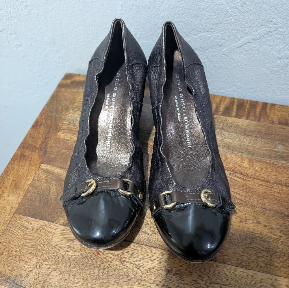 AGL Attilio Giusti Leombruni Bronze‎ Black Leather Buckle Pumps Size 38.5/8.5